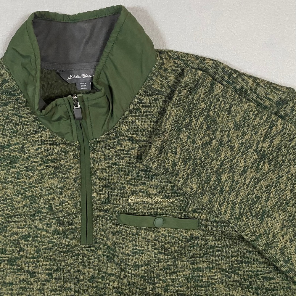 Eddie Bauer Mens XL Green Marl Quarter Zip‎ Fleece Pullover Jacket Pocket